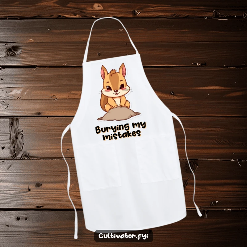 Funny squirrel apron showing a determined squirrel digging, perfect for kitchen tasks and adding humor to cooking.