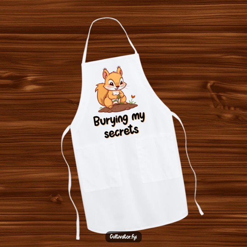 Funny apron featuring a determined squirrel character planting a seed, ideal for gardening and kitchen use.