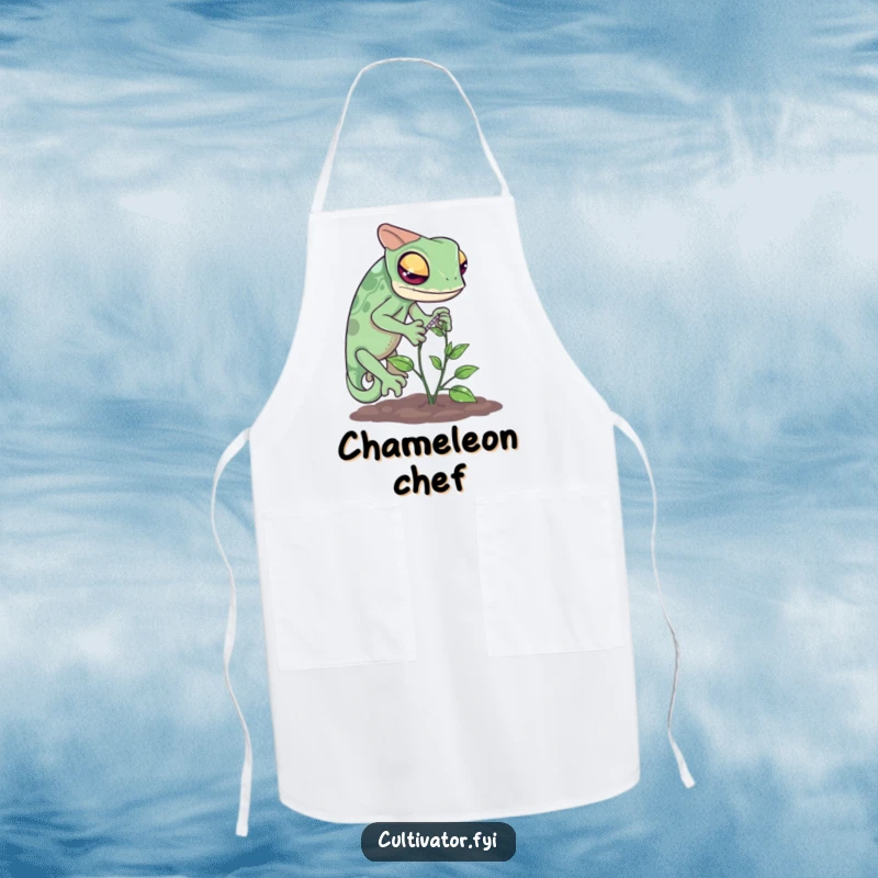 Funny chameleon measuring apron showing a curious reptile carefully measuring a tiny vine's growth, ideal for study or kitchen.