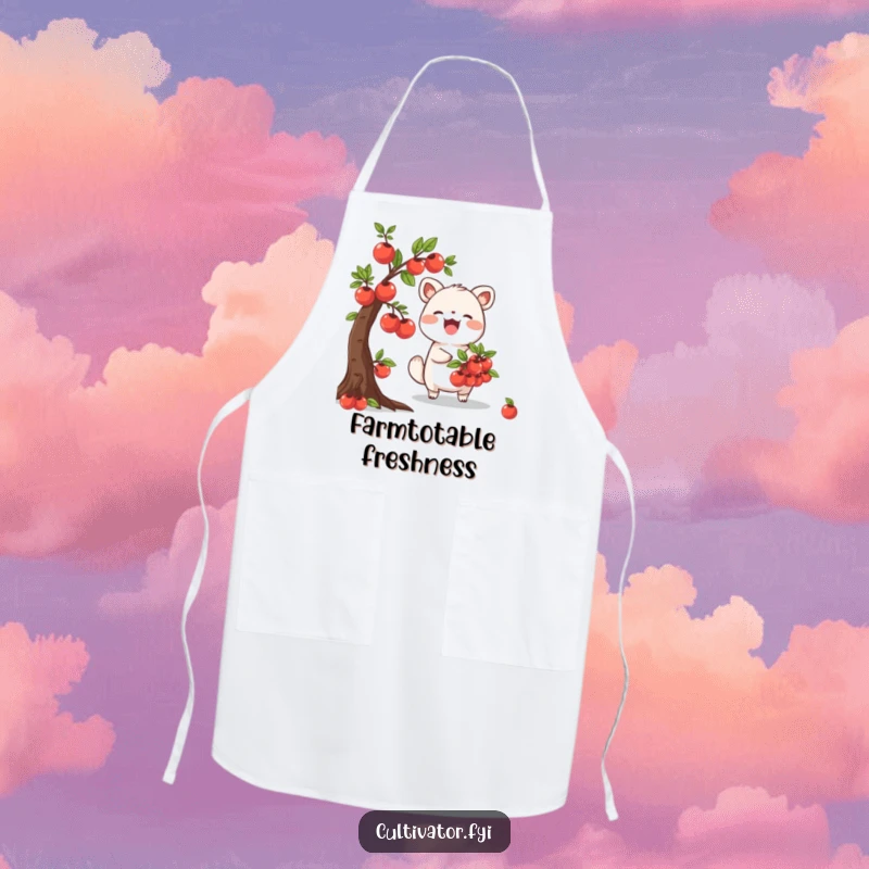 Funny Apron featuring a joyful animal character happily harvesting ripe fruits from a miniature tree, ready for gardening or kitchen adventures.