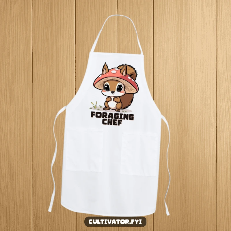 Funny apron, curious squirrel examining a large mushroom cap with wide eyes, humorous and practical.
