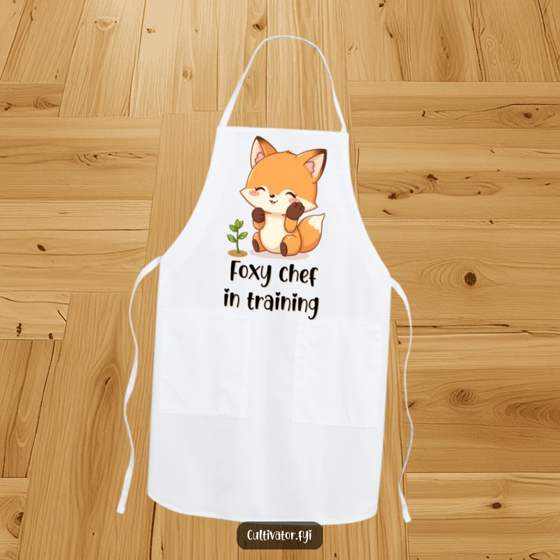 Funny Fox Apron: Happy fox with gloves gently tending a small sprout, ideal for kitchen or garden.