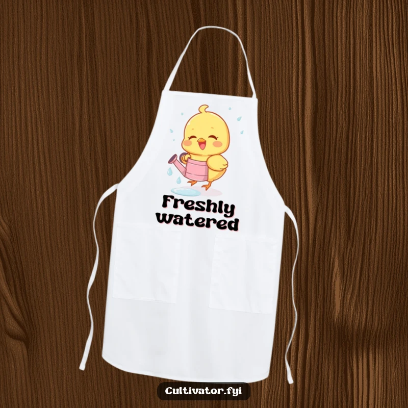 Funny apron showing a joyous chick happily collecting dewdrops in a tiny watering can, perfect for garden tasks.