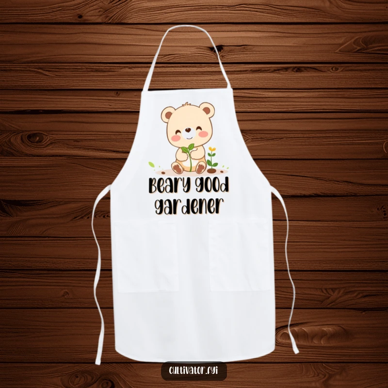Funny apron with a cheerful bear cub character humorously guiding a tiny sprout, ideal for a funny and functional kitchen accessory.