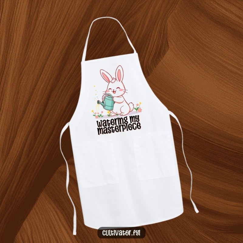 Funny Bunny Apron: Cheerful bunny gardener with watering can sprinkles tiny flowers, ideal for kitchen fun.