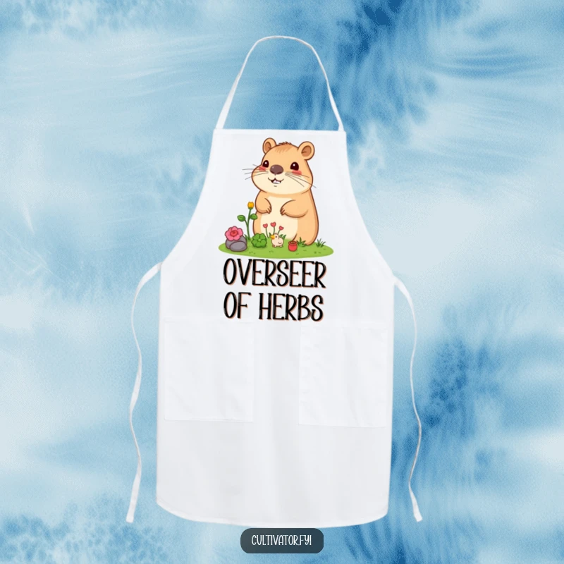 Funny Capybara Apron: Content capybara overseeing a miniature garden, adding humorous charm to kitchen tasks and gardening.