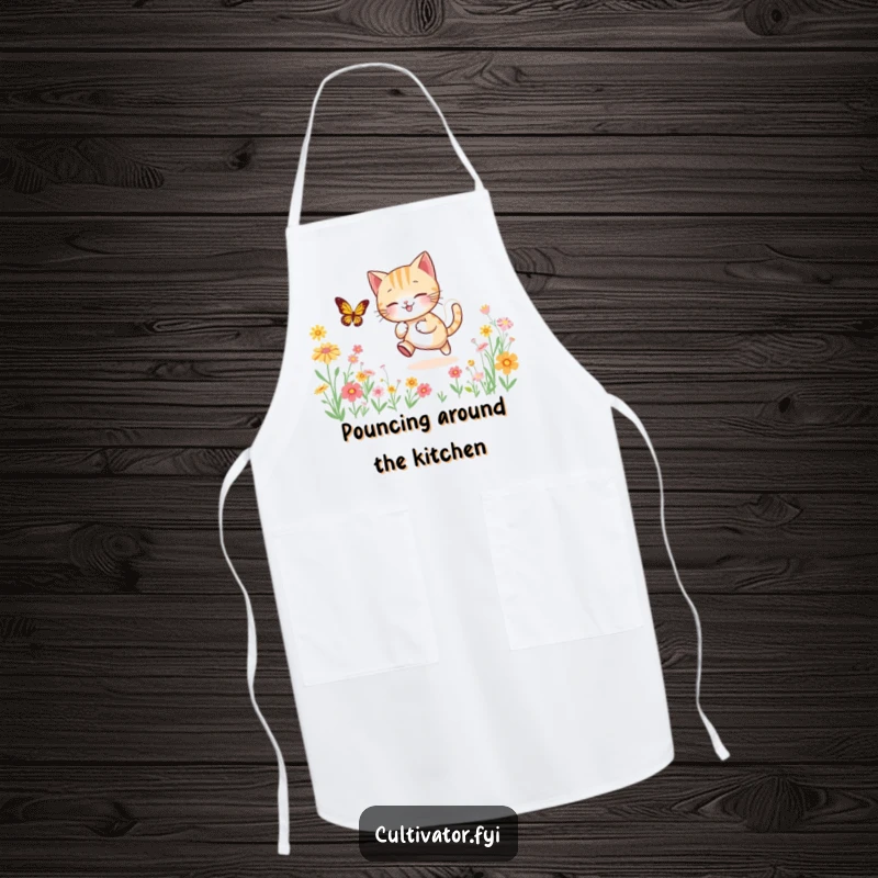 Funny apron design with a lively cat character in pursuit of a butterfly amidst a colorful field of flowers, perfect for kitchen protection.