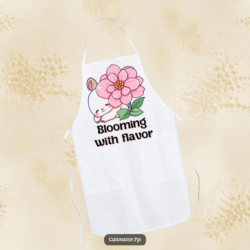 Funny apron showcasing a content animal character relaxing near a blooming flower, perfect for humorous cooking sessions.