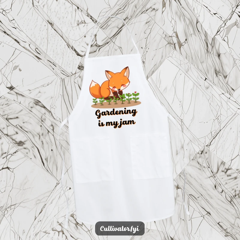 Funny fox apron showing a playful fox tending to tiny seedlings with enthusiasm, a practical funny gift.