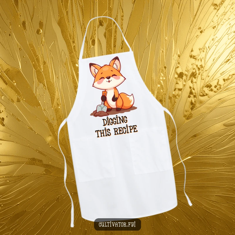 Funny fox digging with a shovel on an apron, offering protection with bold and humorous gardening flair.