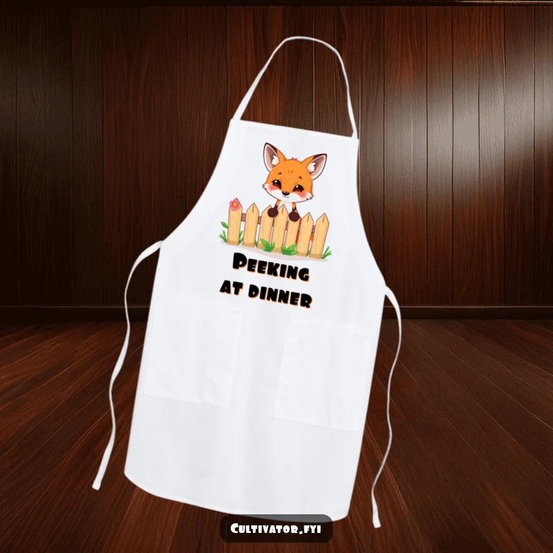Funny chef apron showing a curious fox peeking over a garden fence, designed for kitchen fun and protection.