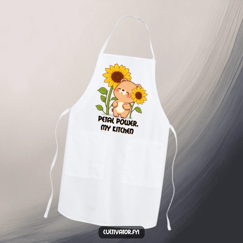 Funny apron design with a gleeful bear character next to a sunflower almost as tall as itself, ideal for protecting clothes with a smile.