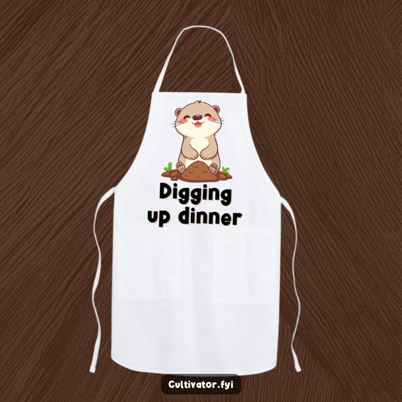Funny apron with a happy otter character joyfully digging in a small patch of soil, perfect for gardening tasks.