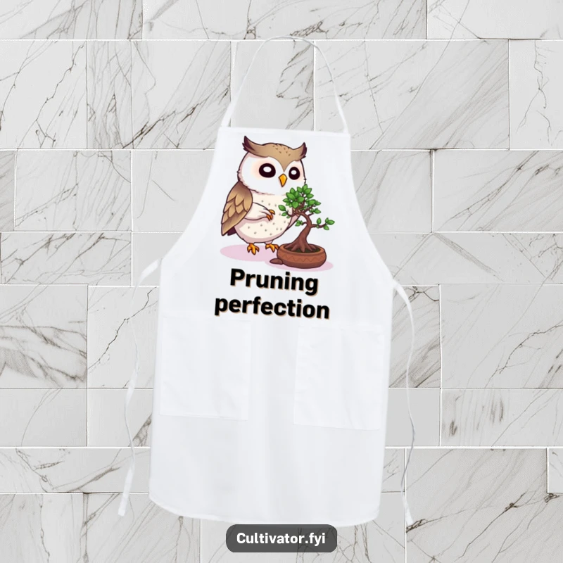Funny Owl Apron: Lively owl meticulously pruning a bonsai tree, adding humorous charm to kitchen and garden activities.