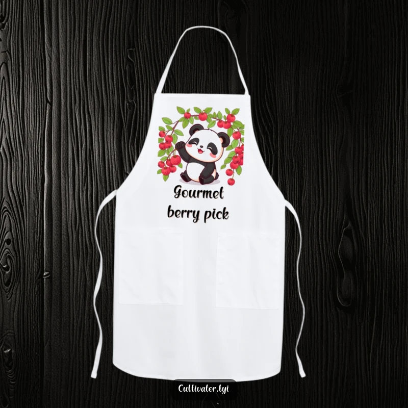 Funny panda apron, showing a panda picking a ripe berry from a bush, ideal for protecting clothes.