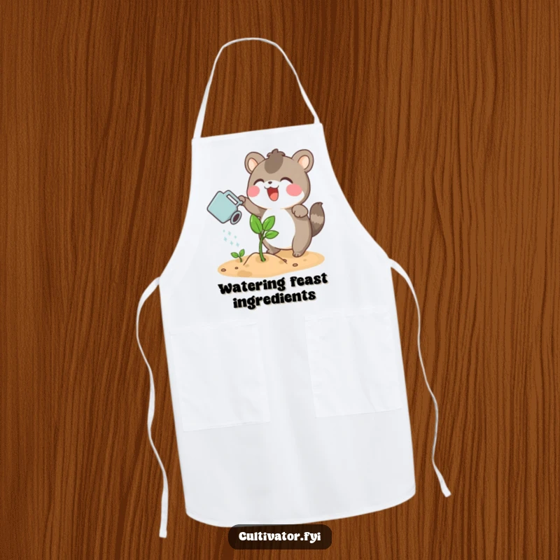 Funny apron showing an excited animal character watering a sprouting plant with a small watering can, ideal for plant care.