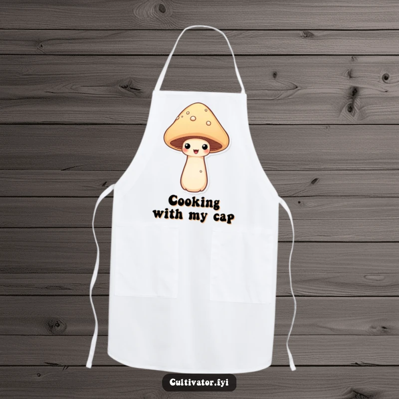 Funny proud mushroom apron showing a mushroom proudly displaying its cap, perfect for chefs who enjoy humorous kitchen accessories and fungi.