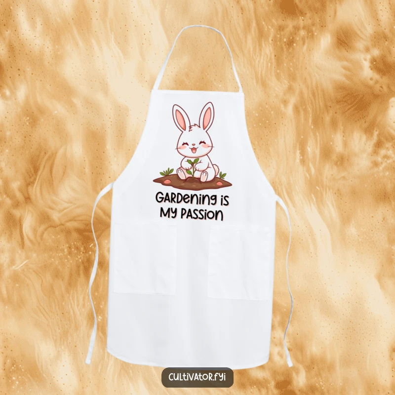 Funny cheerful rabbit planting a tiny seed with a big smile apron, perfect for kitchen gardening and laughs.