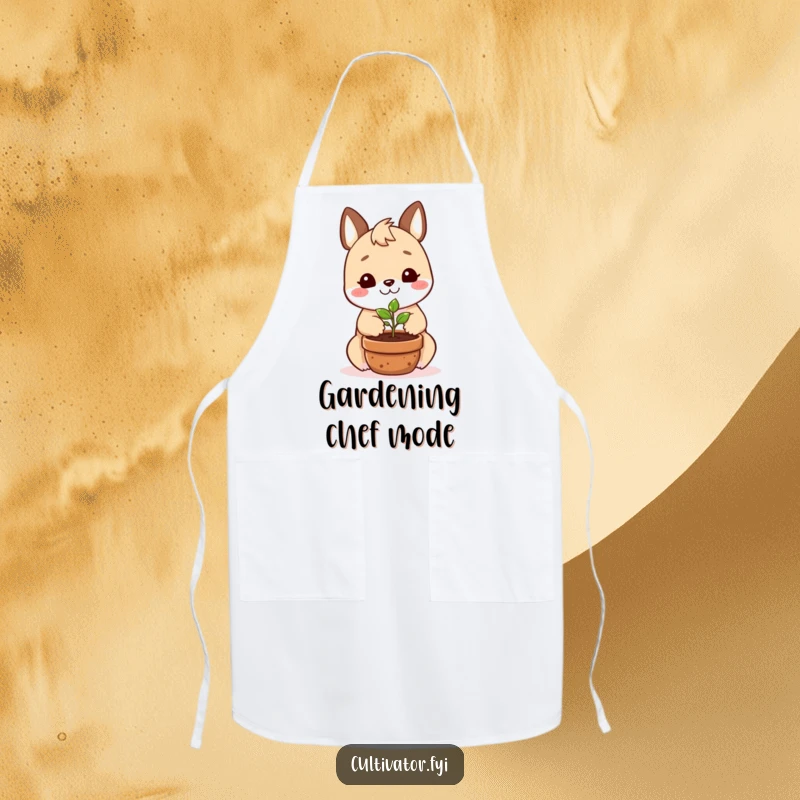 Funny apron showing a smiling animal character happily planting a tiny seedling in a pot, ideal for gardening.