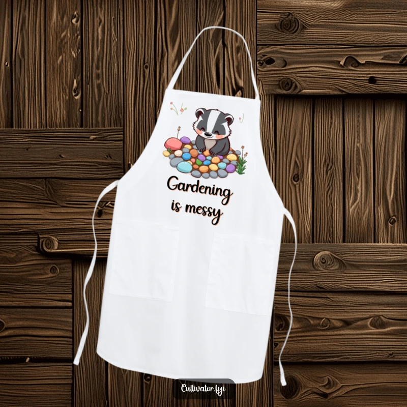 Funny Apron: A smiling badger meticulously arranges colorful pebbles for a garden path, ideal for keeping clean while gardening.