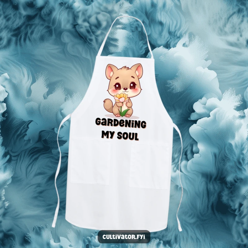 Funny Apron with a curious animal character captivated by a beautiful flower, blending kitchen practicality with whimsical charm.