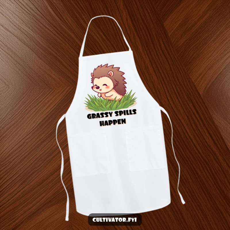 Funny Hedgehog Apron: Giggling hedgehog character rolls through soft green grass, ideal for kitchen.