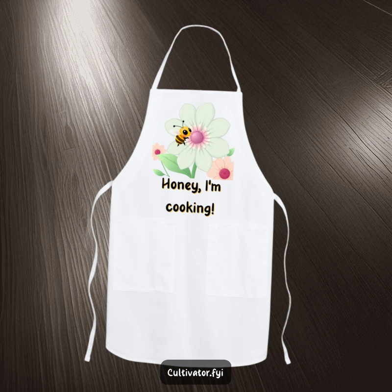 Funny bee apron, a busy bee around a flower, humorous kitchen wear, practical and funny gift.