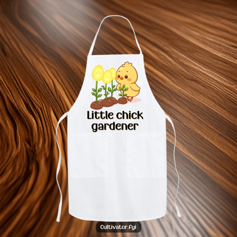 Funny apron with a cute chick character happily tending to oversized, glowing seedlings, perfect for gardeners and bakers.