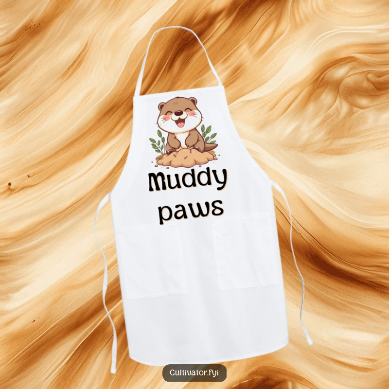 Funny apron featuring a happy otter character joyfully digging in soil, ideal for kitchen and garden activities.