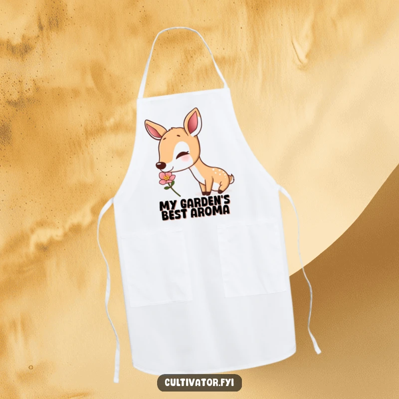 Funny deer apron, a deer smelling a flower in a garden setting, humorous kitchen wear, practical and funny gift.