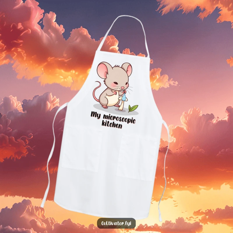 Funny Mouse Apron: Determined mouse carefully waters a minuscule mushroom with a dropper, ideal for cooking.