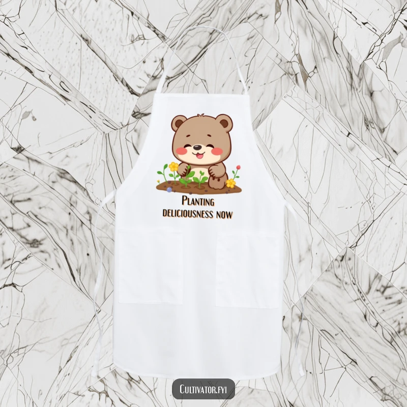 Funny bear apron depicting a giggling bear intently planting seeds, a humorous and practical item for chefs and gardeners.