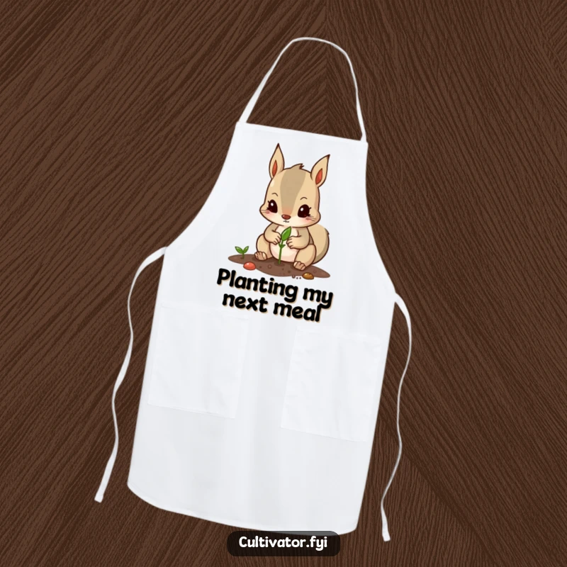 Funny apron with a determined squirrel character carefully planting a seed with its tiny paws, perfect for gardening tasks.