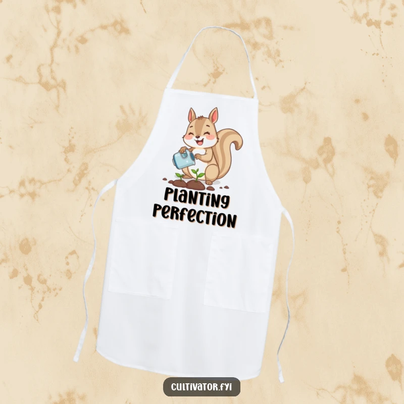 Funny cute squirrel joyfully planting a tiny seed with a watering can, a humorous and practical apron.