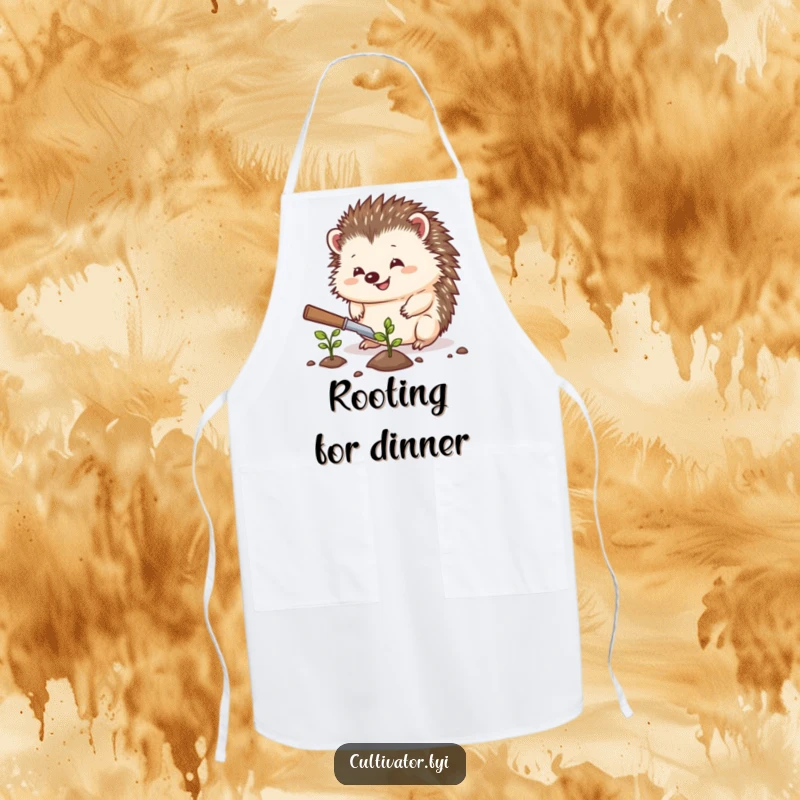 Funny hedgehog apron, a hedgehog planting a seed with a trowel, humorous kitchen wear, practical and funny gift.
