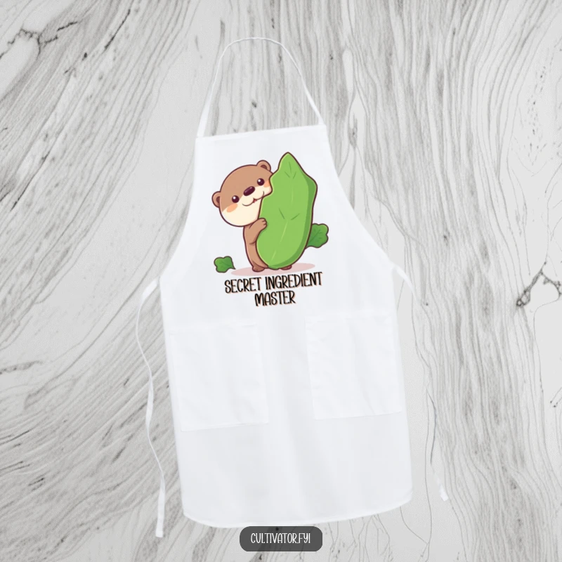 Funny apron, curious otter peeking from a large leafy vegetable, kitchen accessory, humorous cooking gift, chef's helper.