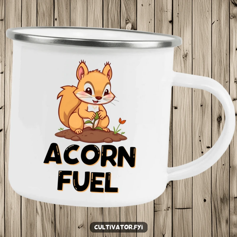 Funny camping mug showing a determined squirrel character planting a seed, ideal for outdoor adventures and motivation.