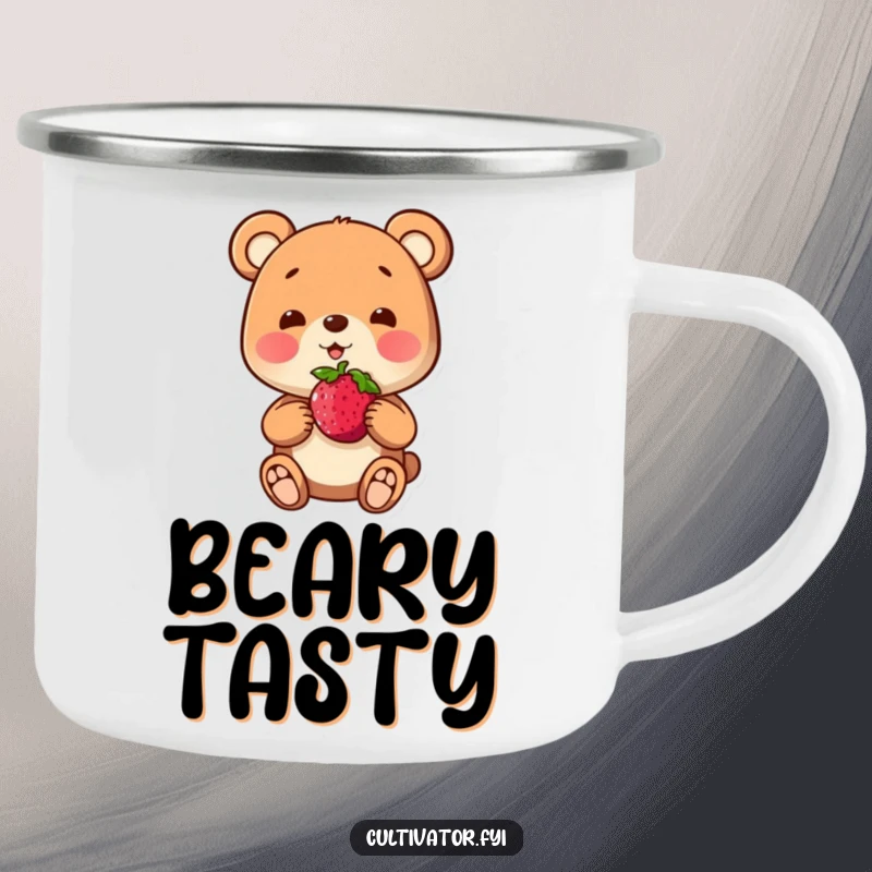 Funny camping mug with a playful bear character proudly presenting a berry, ideal for outdoor adventures.