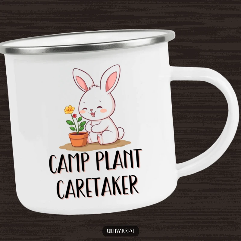 Funny camping mug featuring a smiling bunny character happily tending a tiny, vibrant potted plant, designed for nature lovers.