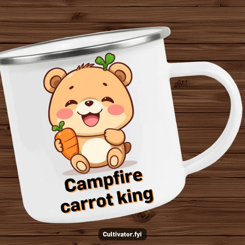 Funny camping mug, joyful bear holding a carrot, enamel mug for outdoors, healthy adventure accessory.