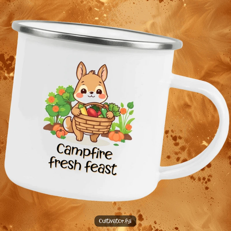 Funny camping mug with a smiling animal character offering a basket of fresh produce, ready for outdoor meals with humor.