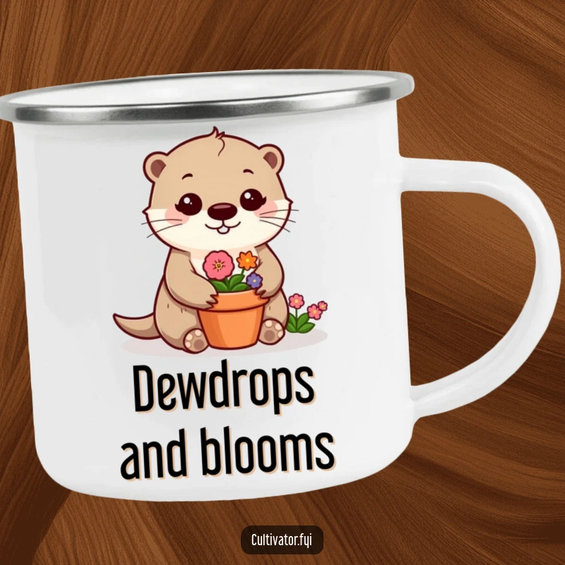Funny otter camping mug showing a cheerful otter tending a flower pot, built for outdoor use and adding cheer.