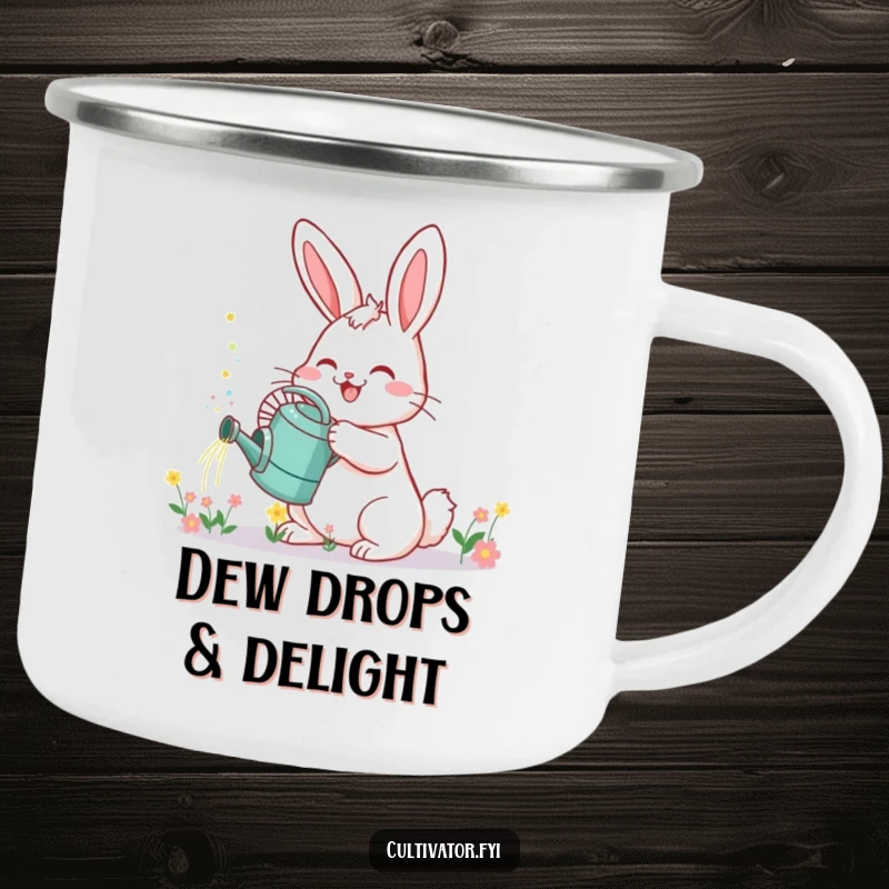 Funny Bunny Camping Mug: Cheerful bunny watering can sprinkles tiny flowers, great for outdoor use.