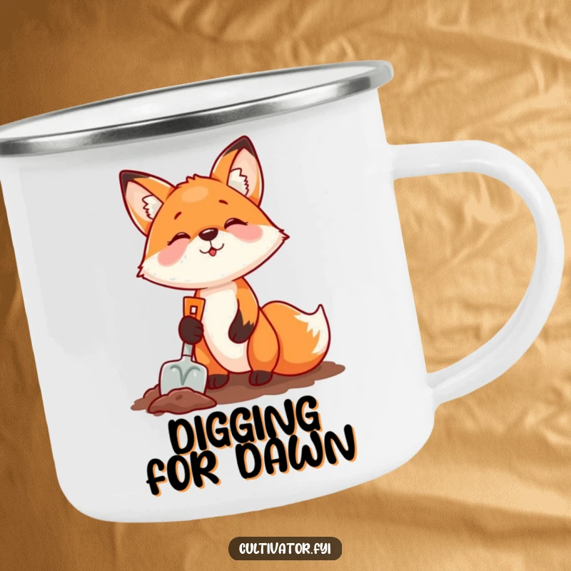 Funny fox digging with a shovel on a camping mug, a humorous and durable choice for outdoor adventurers.