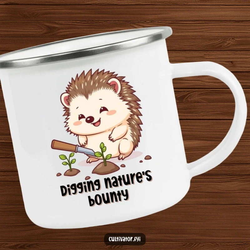Funny hedgehog camping mug, a hedgehog planting a seed, durable enamel mug, humorous outdoor gear, perfect funny gift.