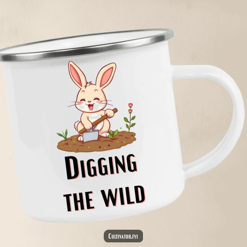 Funny bunny camping mug, enthusiastically tilling a small garden patch with a trowel, built for adventure and laughter.