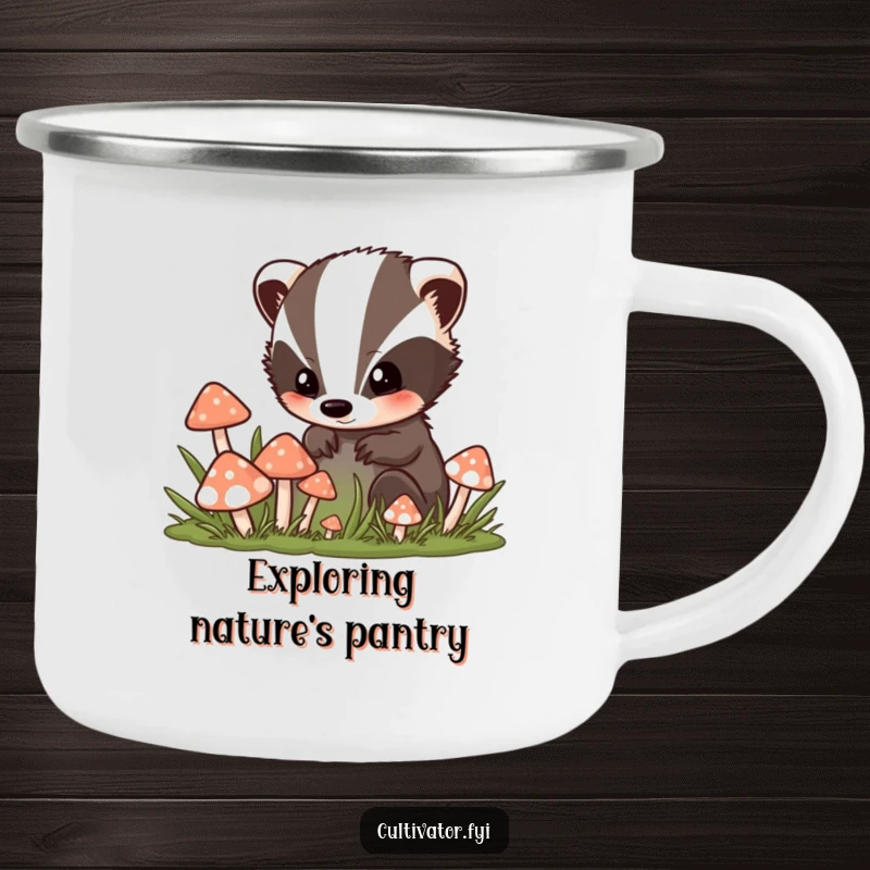 Funny camping mug displaying a curious badger character peeking into a mushroom patch, designed for durable use during outdoor adventures.