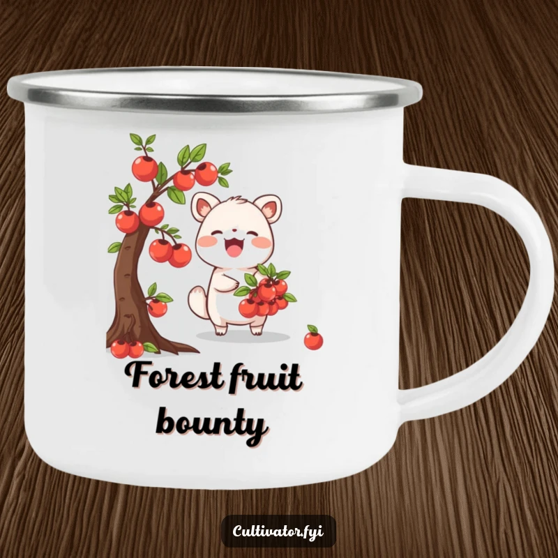 Funny Camping Mug featuring a joyful animal character happily picking ripe fruits from a miniature tree, designed for outdoor enjoyment and a touch of humor.