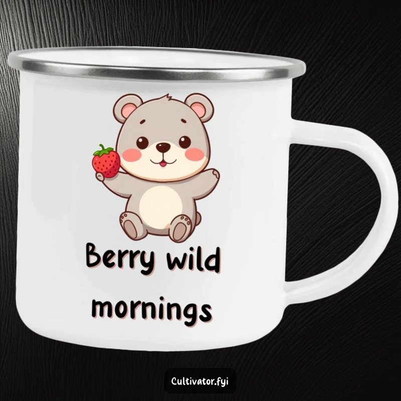 Funny Bear Camping Mug: A playful bear proudly presents a single, perfect berry, ideal for outdoor adventures and morning brews.
