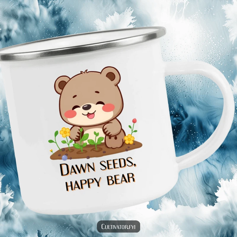 Funny bear camping mug showing a giggling bear planting seeds with focus, perfect for outdoor use and adding humor.